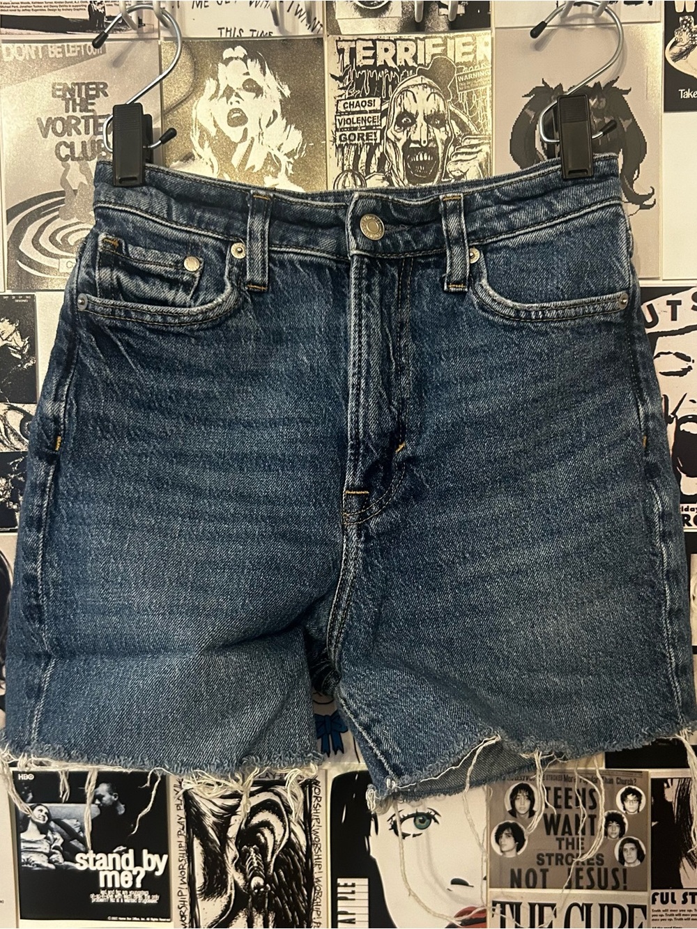 & Denim Dark Blue Mom Jeans Cutoff Shorts
